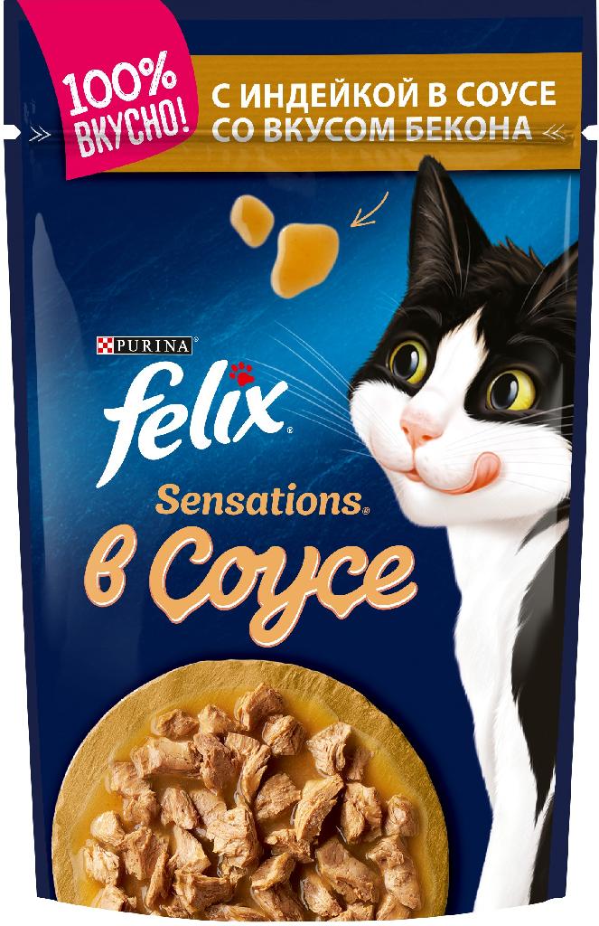 Felix Sensations пауч для кошек индейка/бекон 85г