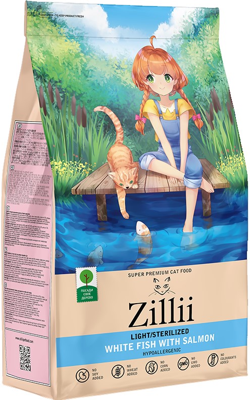 ZILLII Light/Sterilized Cat корм для кошек с избыточным весом и стерилизованных Белая Рыба с Лососем