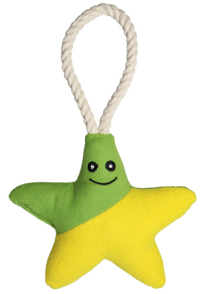 Игрушка Mr.Kranch для собак мелких и средних пород Звездочка с канатом и пищалкой 26х16х5см, зеленая с желтым