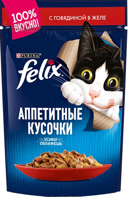 Felix пауч для кошек Аппетитные кусочки с говядиной в желе 85г