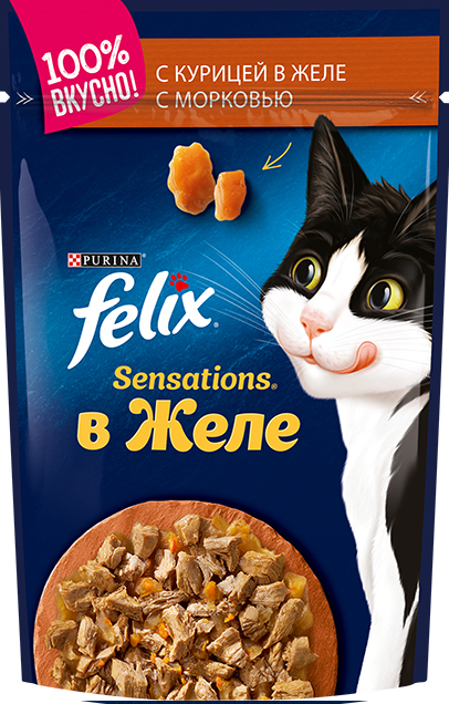 Felix пауч для кошек Sensations курица с морковью в желе 85г