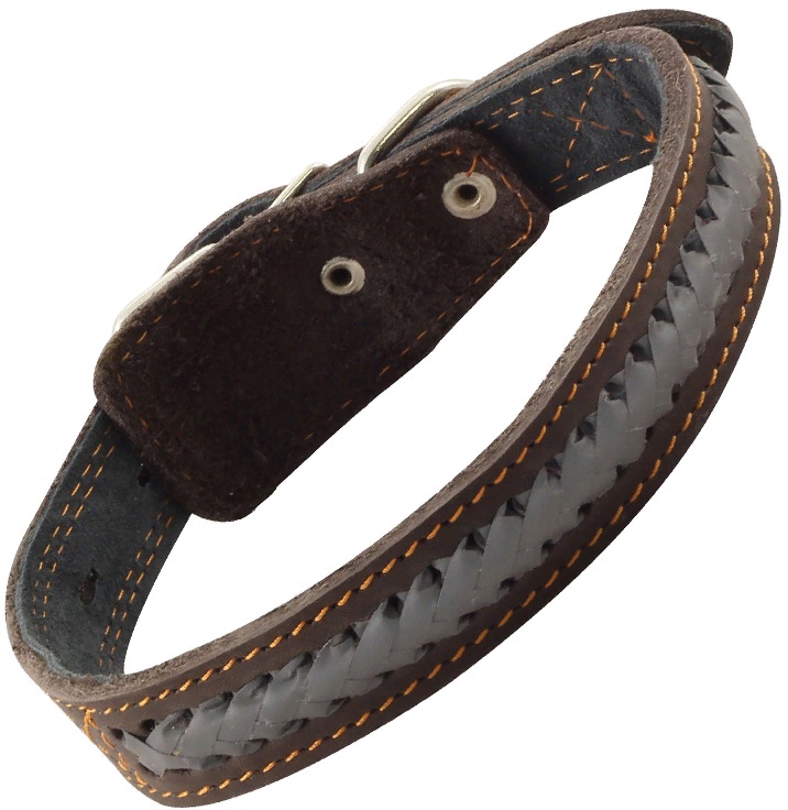 Ошейник кожаный двойной "Коса со свет. отраж. элементами", 25мм*550мм