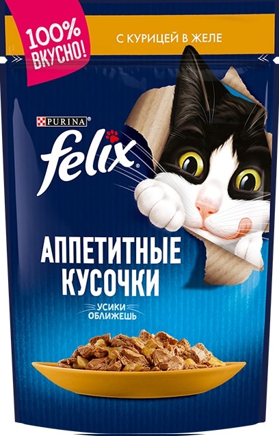 Felix пауч для кошек Аппетитные кусочки с курицей в желе 75г