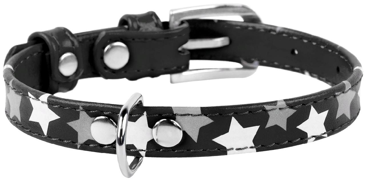 Ошейник кожаный WAUDOG Glamour с QR паспортом, Звёздочка, светоотражающий, 12мм, 19-25см