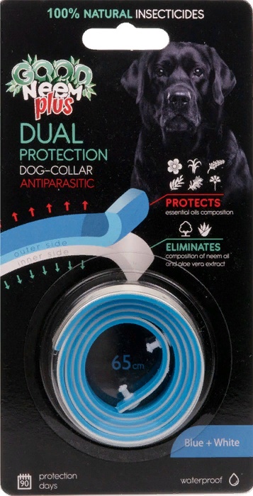 GOOD NEEM PLUS Двухслойный БИОошейник для Собак и Щенков с маслом Дерева Ним, голубой+белый 65см